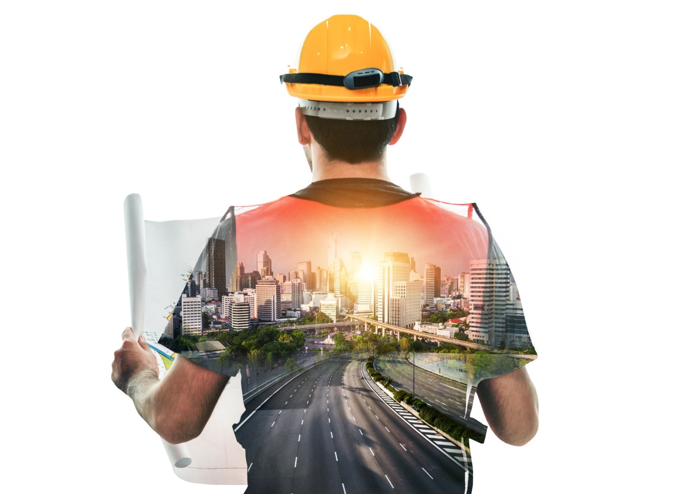 A person wearing a hard hat and holding a blueprint