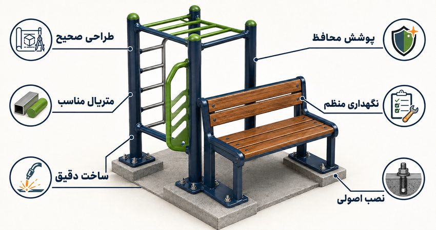 عوامل مؤثر بر دوام تجهیزات پارکی شامل طراحی، متریال، ساخت، پوشش، نصب و نگهداری