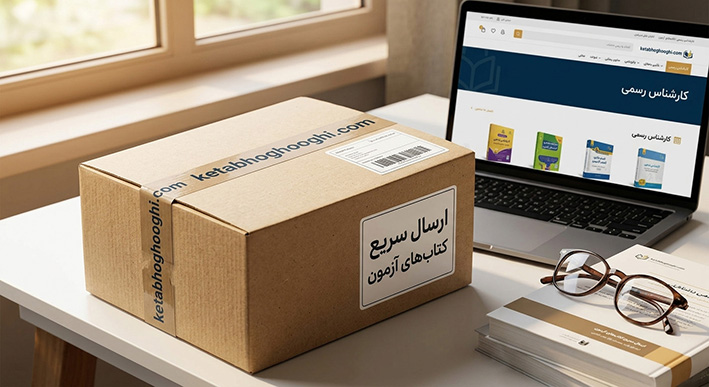 بسته‌بندی مرسوله کتاب‌های آزمون کارشناس رسمی دادگستری با برچسب ارسال سریع از فروشگاه آنلاین کتاب حقوقی ketabhoghooghi.com.