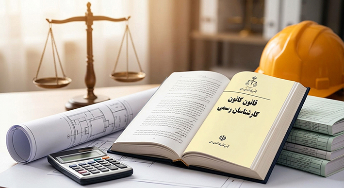 تلفیق دانش حقوقی و ابزارهای فنی مهندسی برای آزمون کارشناس رسمی دادگستری در ایران، شامل کتاب قانون و نقشه.